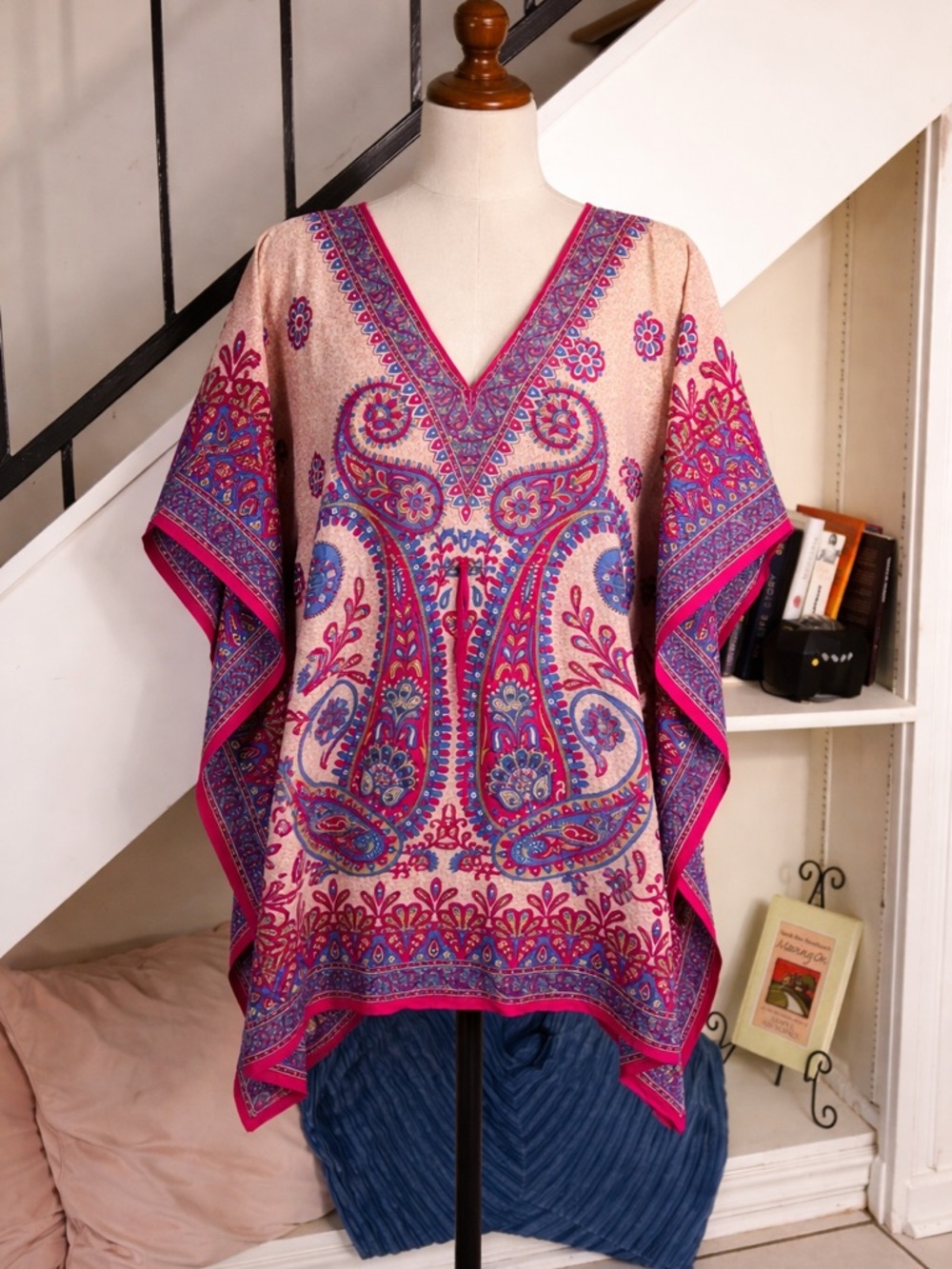 Diana Boho Kaftan Top Free Size Pink Blue Paisley Tunic Flowy